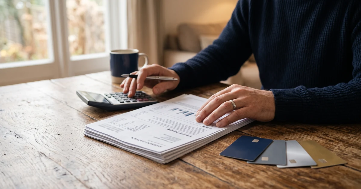A person at a wooden table reviewing a stack of statements with a calculator, pen, coffee, and several credit cards nearby