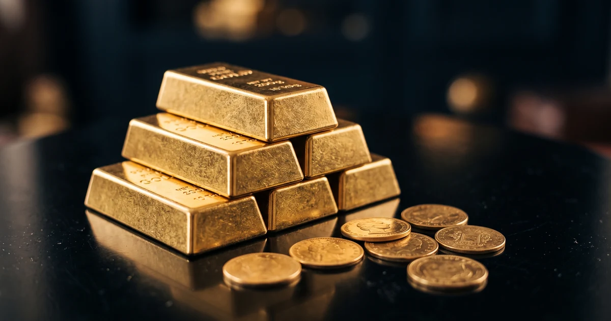 A stacked pyramid of gold bars beside a small pile of gold coins on a dark reflective surface