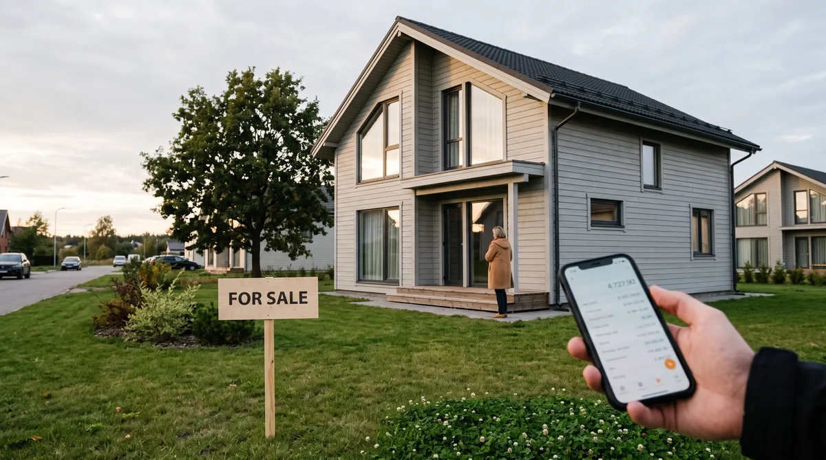 Homebuyer checking mortgage rates on their phone outside a house for sale