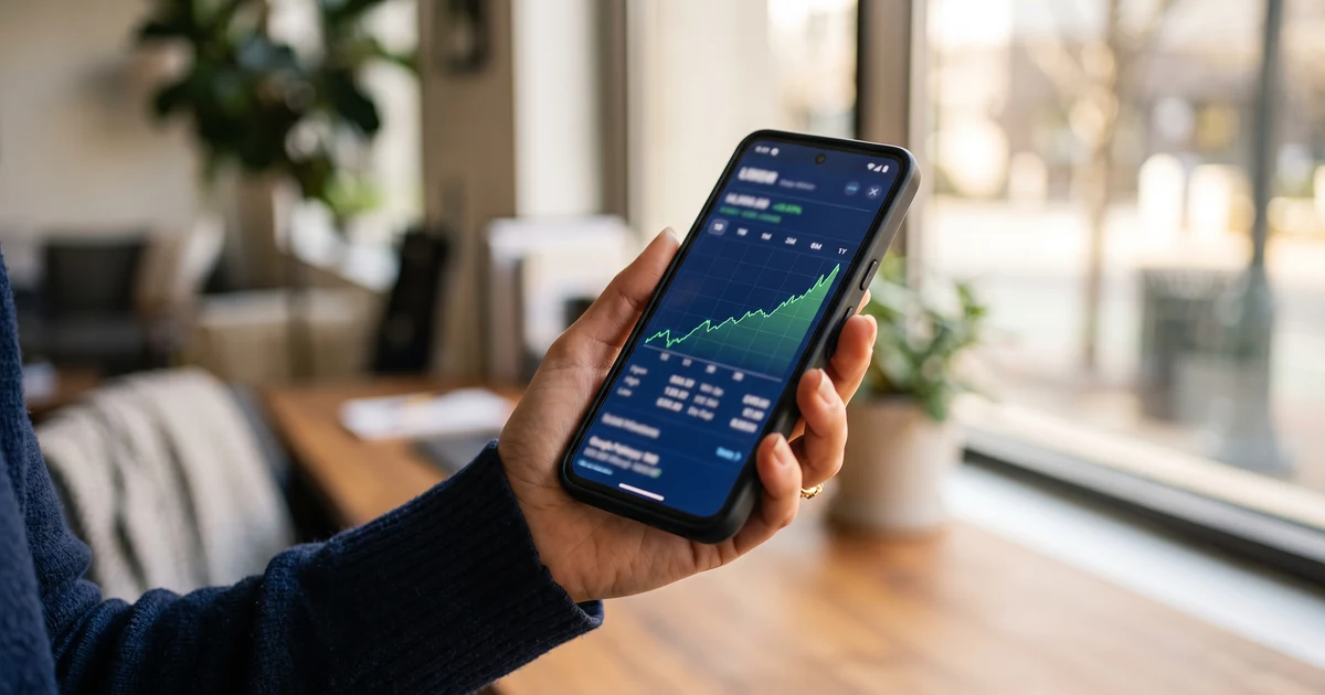 A hand holding a smartphone displaying an upward-trending stock chart, with a bright window in the background