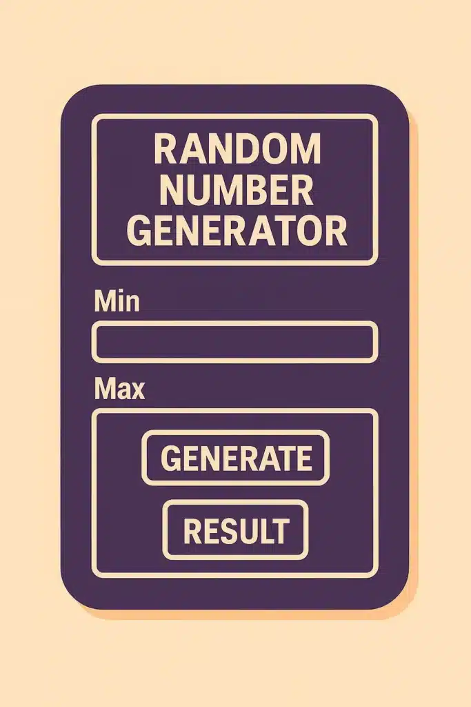 Random Number Generator with input fields for minimum and maximum values, generate button, and result display