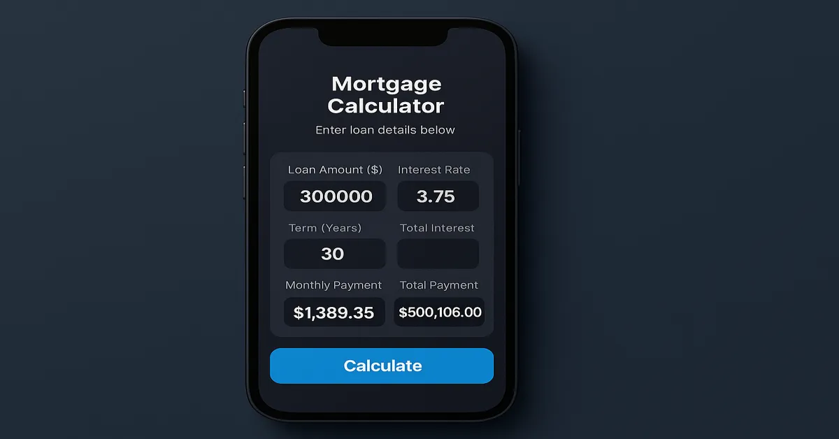 Mortgage calculator app showing loan details on mobile