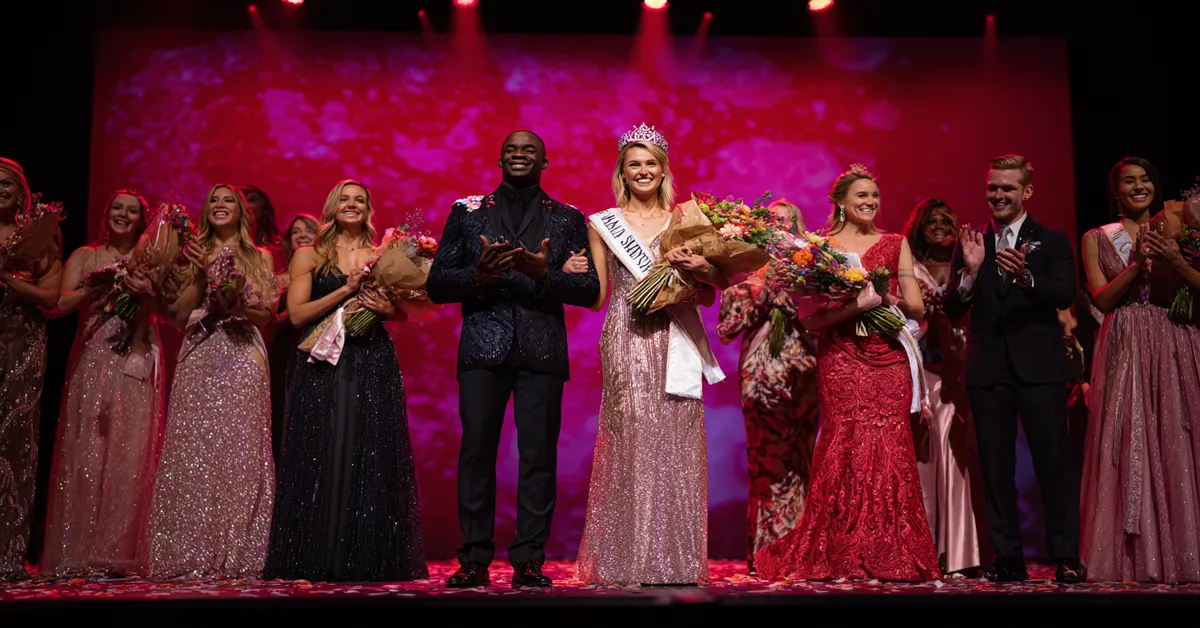 Miss America 2026 contestants presenting evening gowns on stage