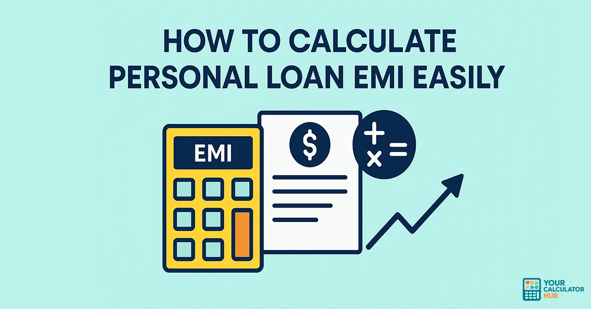 calculator, loan document, and growth chart with title How to Calculate Personal Loan EMI Easily.