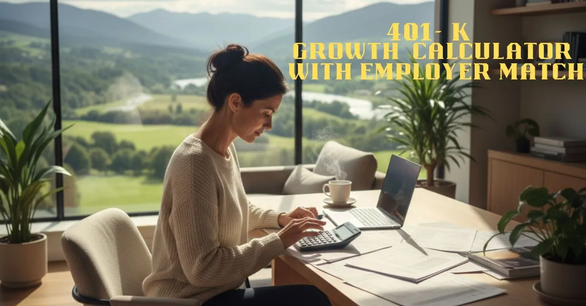 Woman calculating retirement savings using a 401(k) growth calculator with employer match in a modern office overlooking scenic mountains.