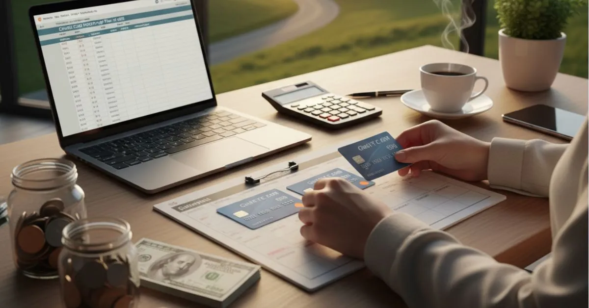 Person calculating monthly credit card payments using a 0% APR payoff calculator on a laptop with financial planning tools, coffee cup, and cash on desk.