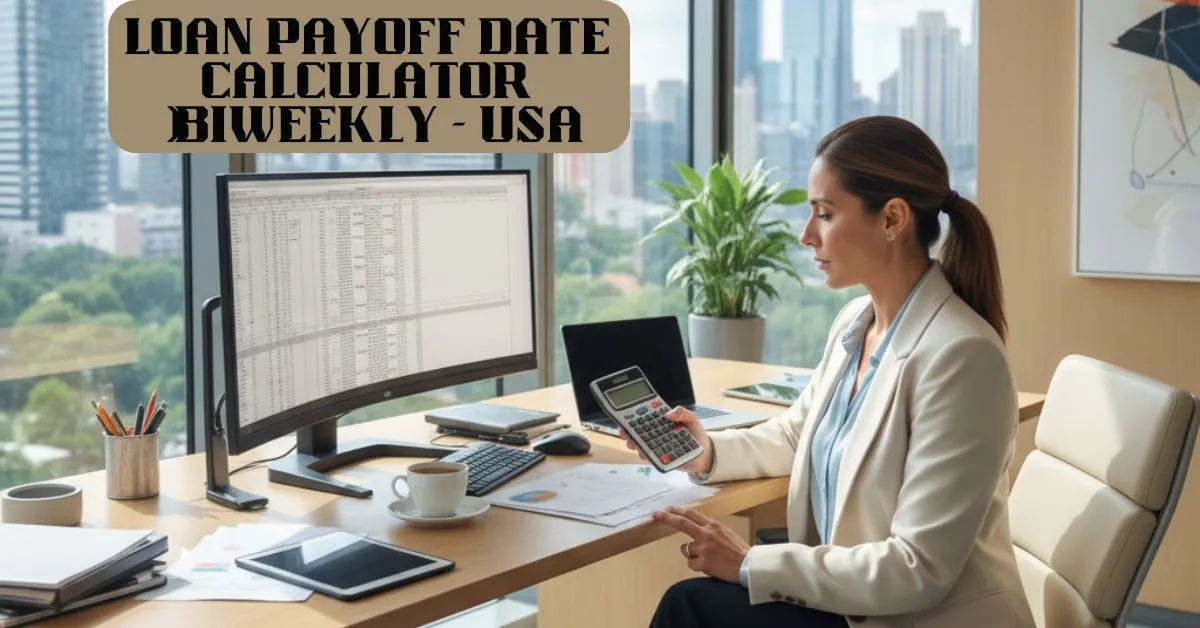 A woman using a loan payoff date calculator on her computer to manage biweekly loan payments in the USA, tracking mortgage payoff schedule and interest savings.