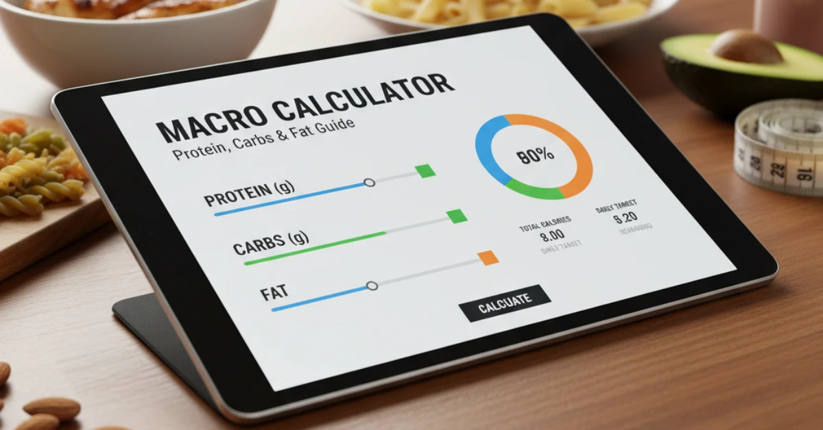 Macro Calculator displaying protein, carbs, and fat ratios on a tablet with healthy foods around.