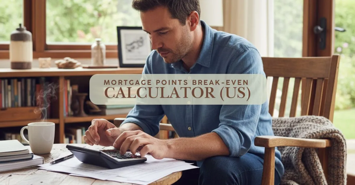 Man using a calculator at home to determine mortgage points break-even in the U.S.
