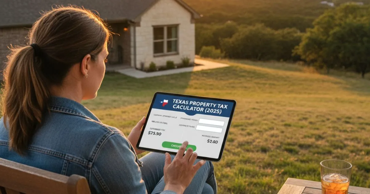 A woman sitting outside her Texas home using a tablet that displays the Texas Property Tax Calculator 2025.