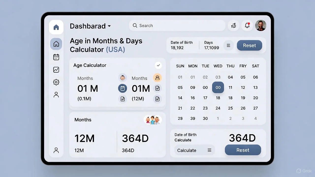 Age in Months and Days Calculator USA digital interface
