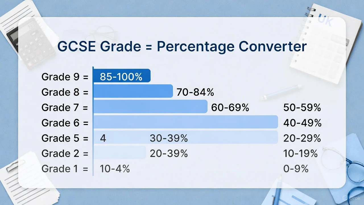 GCSE Grade → Percentage Converter showing grade to percentage scale