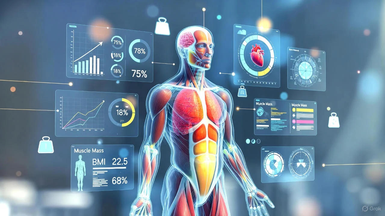 Muscle mass calculation concept showing a human body silhouette with highlighted muscle groups, fitness metrics, and digital health analysis graphics.