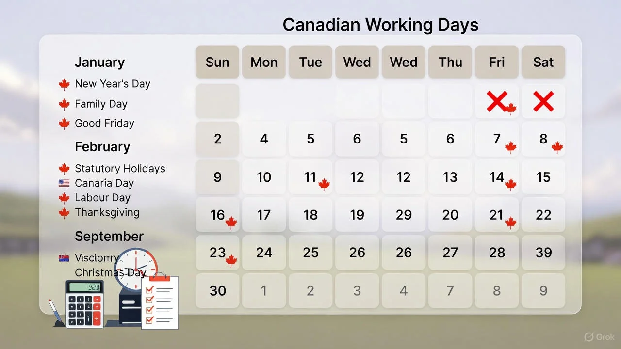 Working Days Calculator (Exclude Canadian Stat Holidays) showing business day calculation in Canada