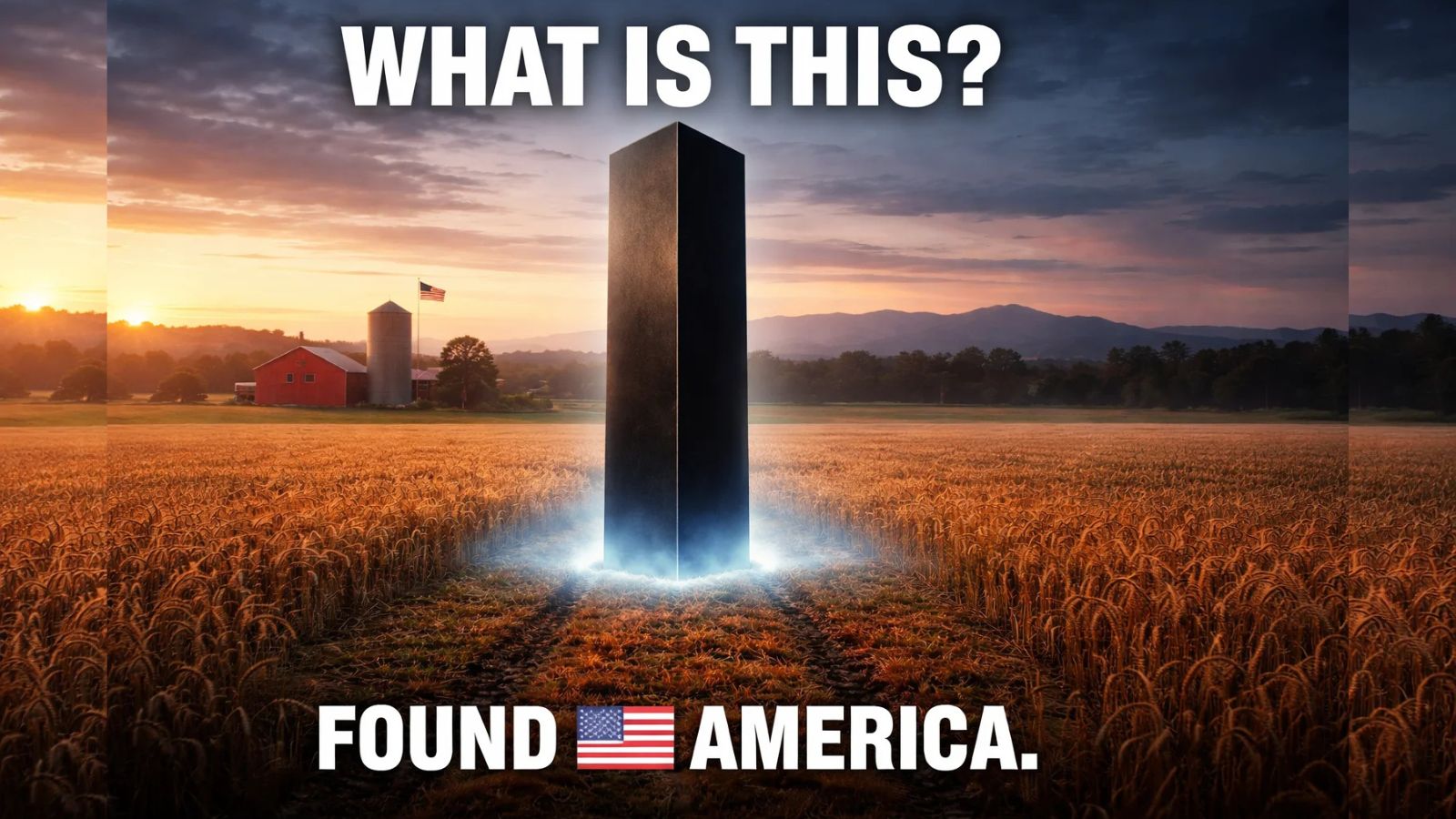 Mysterious metal monolith standing alone in a golden field under a clear open sky