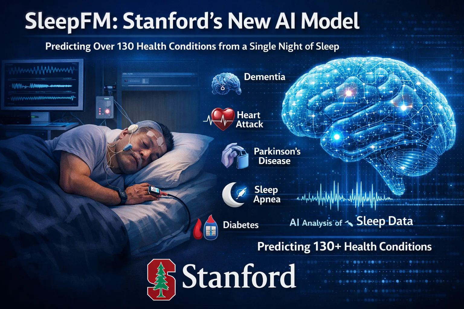 SleepFM AI model analyzing overnight sleep data to predict health conditions