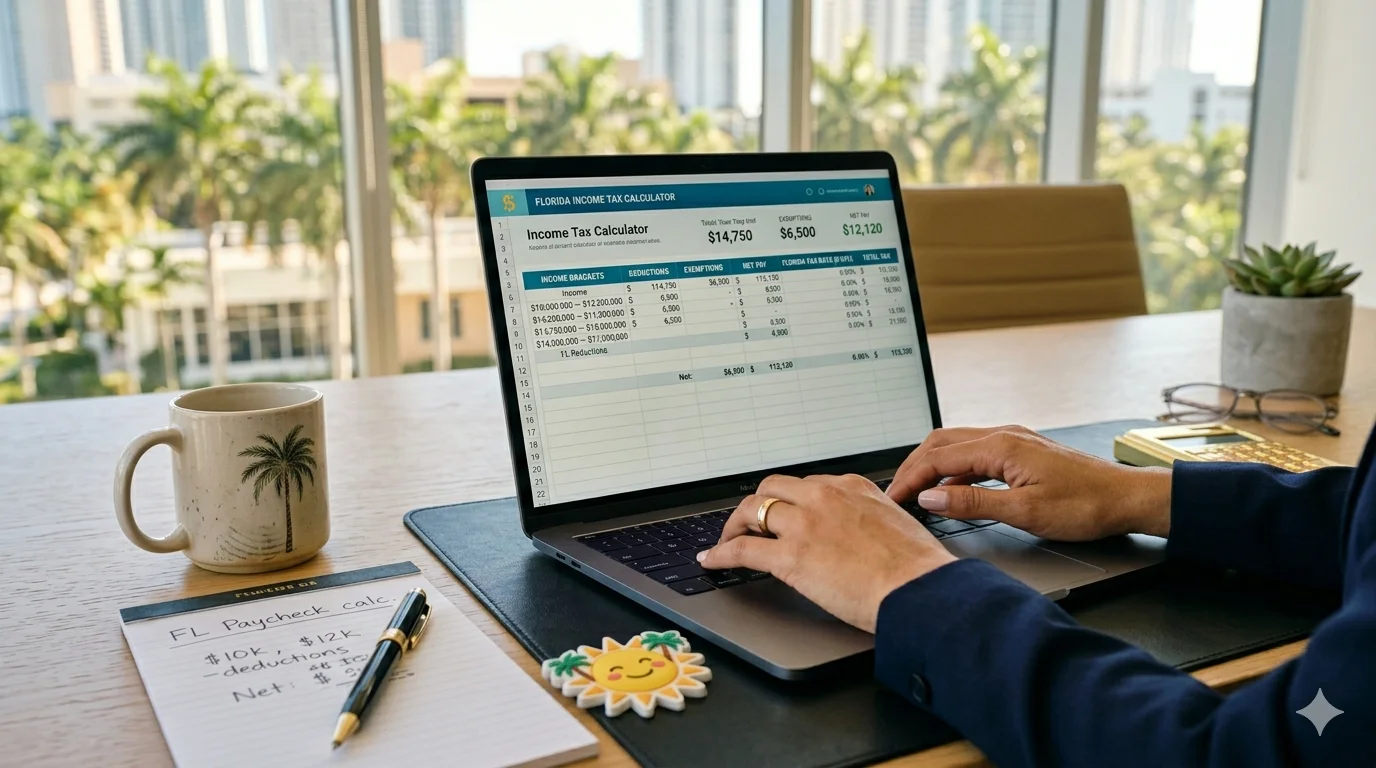 Person typing on a laptop displaying the Florida Income Tax Calculator with income brackets, deductions, and net pay figures on screen.