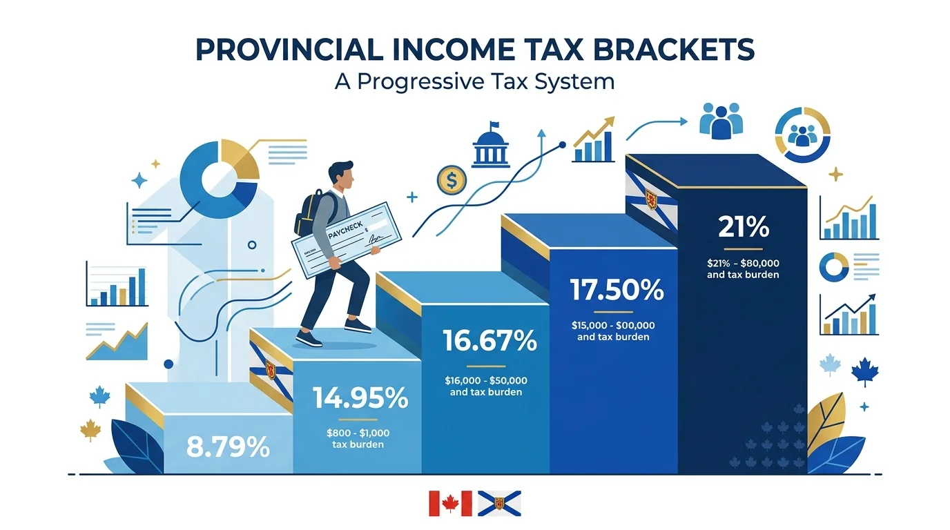 Diagram showing Nova Scotia progressive provincial income tax brackets from 8.79% to 21%