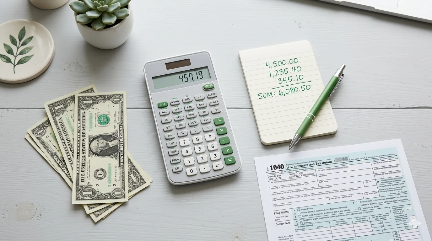 Federal income tax calculation for Texas residents showing a calculator, IRS Form 1040, US dollar bills, and handwritten income numbers on a notepad